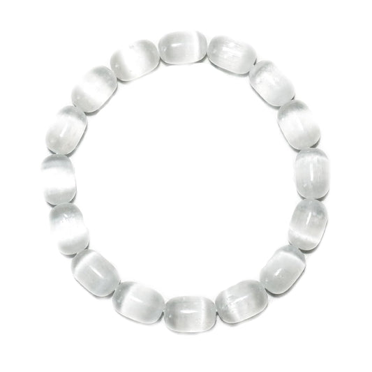 TaHLga Natural Selenite Crystal Bracelet for Women Men |8x12mm White Cylinder Beads | Crown Chakra Stone with Leather Pouch, Gift Box & Repair Kit | Fits about 7.5 inch Wrist