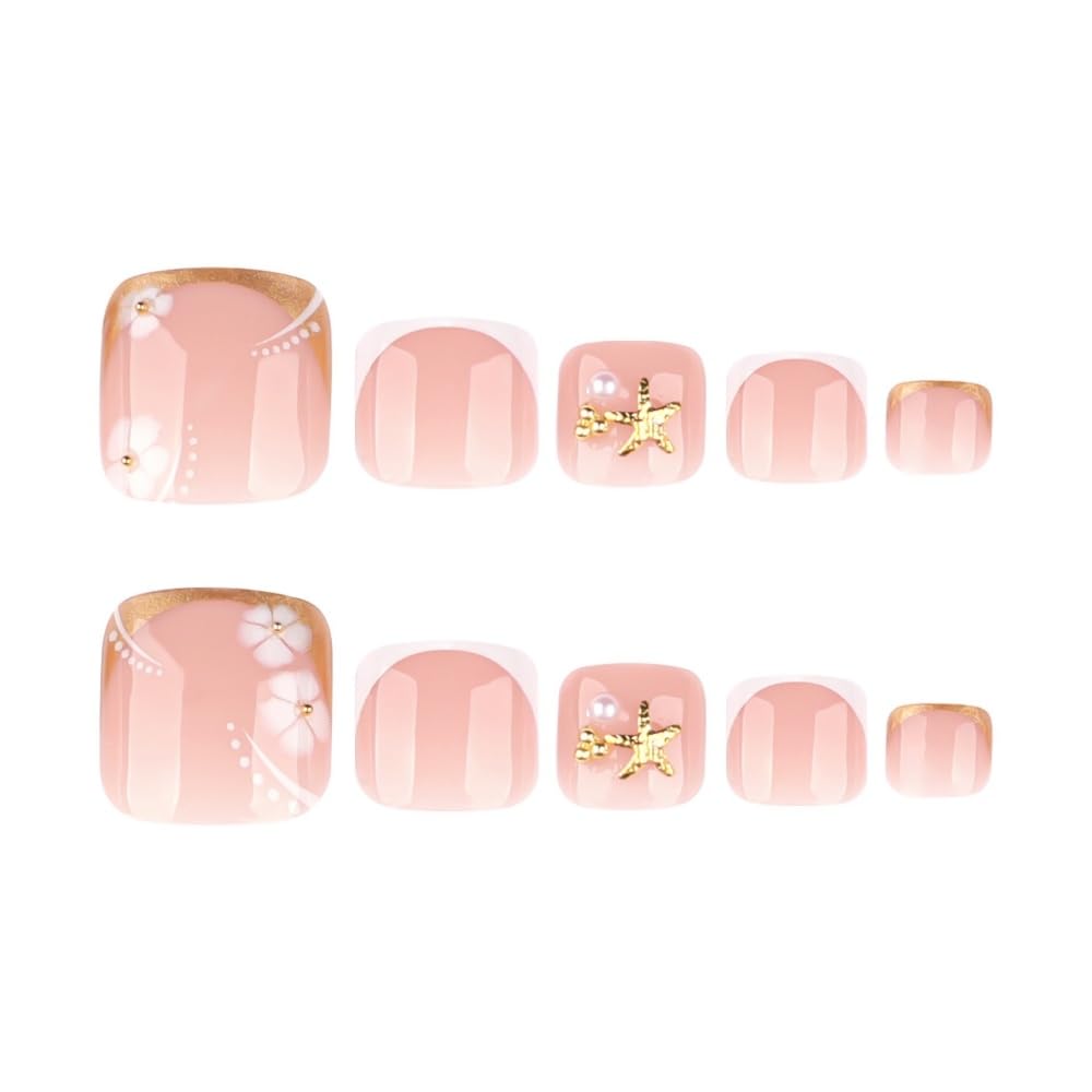Press on Toenails Gold Fake Toenails French Tip False Toe nails Press ons with Design Floral 3D Starfish Glue on Toe Nail Acrylic Stick on Toenail for Women 24Pcs