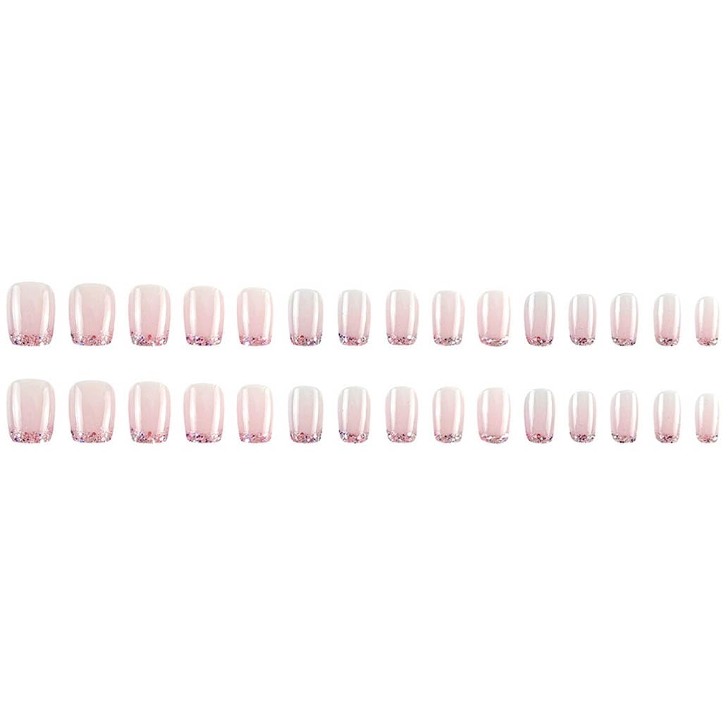 Foccna French Press on Nails Short Square Fake Nails with Pink Glossy Full Cover Stick on Nails Bling Sequins Acylic Nails for Women and Girls 30Pcs