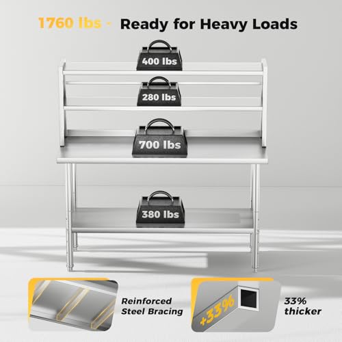 CAMMOO 60x24 in NSF All Stainless Steel Table with Adjustable Shelf & Pegboard Panels & Casters, Kitchen Prep Table Commercial Heavy-Duty Worktable with Large Space Storage for Restaurant Garages