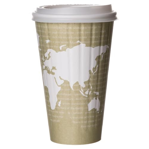 ECO PRODUCTS Compostable Disposable Insulated World Art 16oz Large Coffee Cups, Case of 600, Renewable Double-wall Hot Paper Cup, Plant Based PLA Lining, No Sleeves Needed, Color Coded