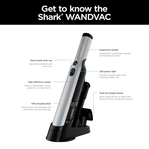 Shark WANDVAC Cordless Hand Vac, Lightweight, Versatile and Portable at 1.4 lbs., Powerful Suction, Charging Dock, One-Touch Empty, NEW Furfins Tool & Crevice Tool for Pet & Home, Gray, WV201WH