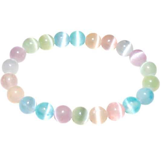 TaHLga 8mm Macaron Selenite Bracelet - Multi-Color Natural Crown Chakra Crystal | Handmade Sweet Color Meditation Bracelet with Cat-Eye Effect | Beading Tool Kit - Adjust to 6.5-7.5 inches Wrist Size