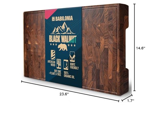 Extra Large Black Walnut End Grain Cutting Board 24 x 15 x 1.7 Inch, Butcher Block with Juice Groove & Handles, Reversible Charcuterie & Chopping Board, Non Toxic Wooden Board with Oil & Plate