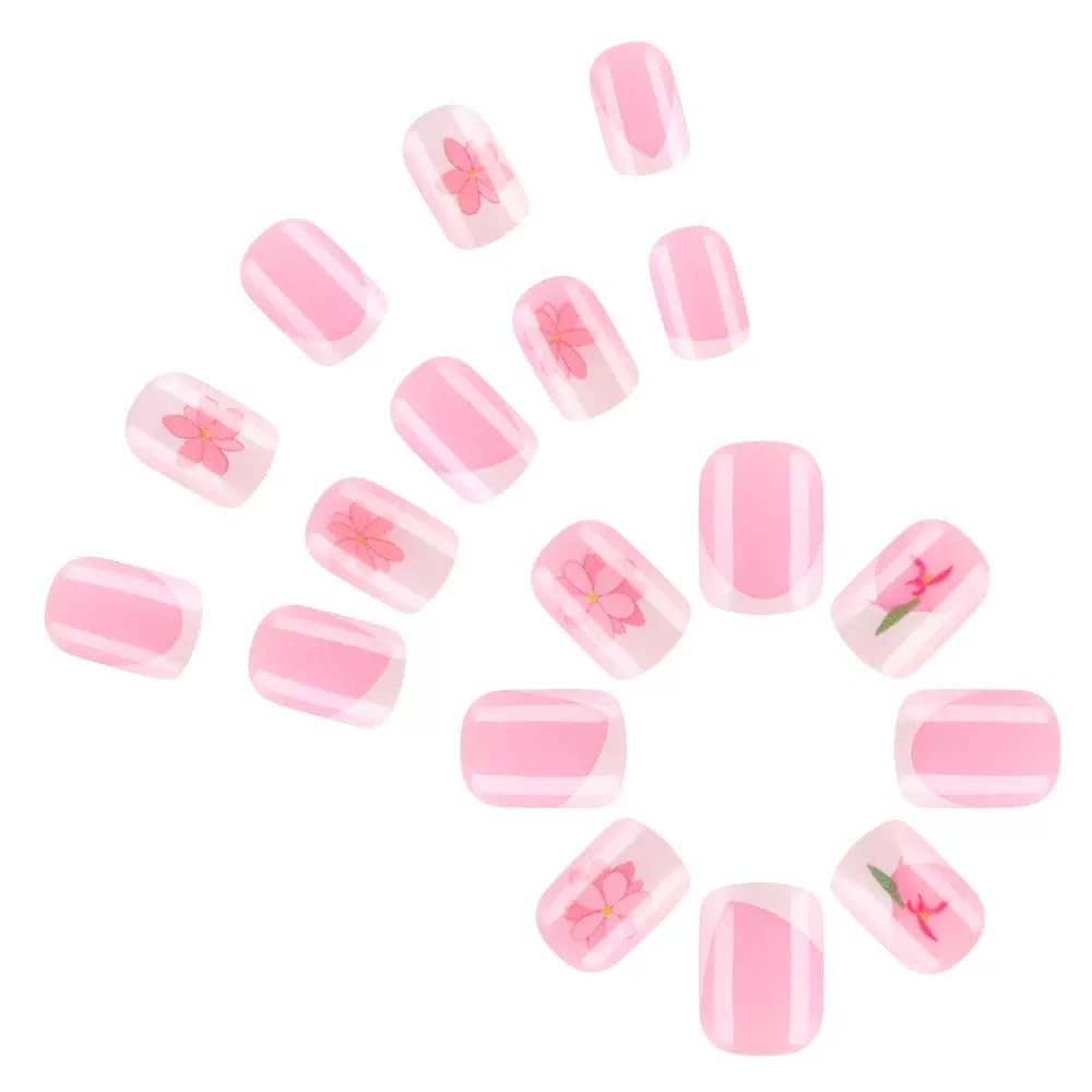 CTTHNBD Press on Nails Square - Short Fake Nails with Pink Flower Design - White French Tip False Nails Press ons - for Women 24 Pcs