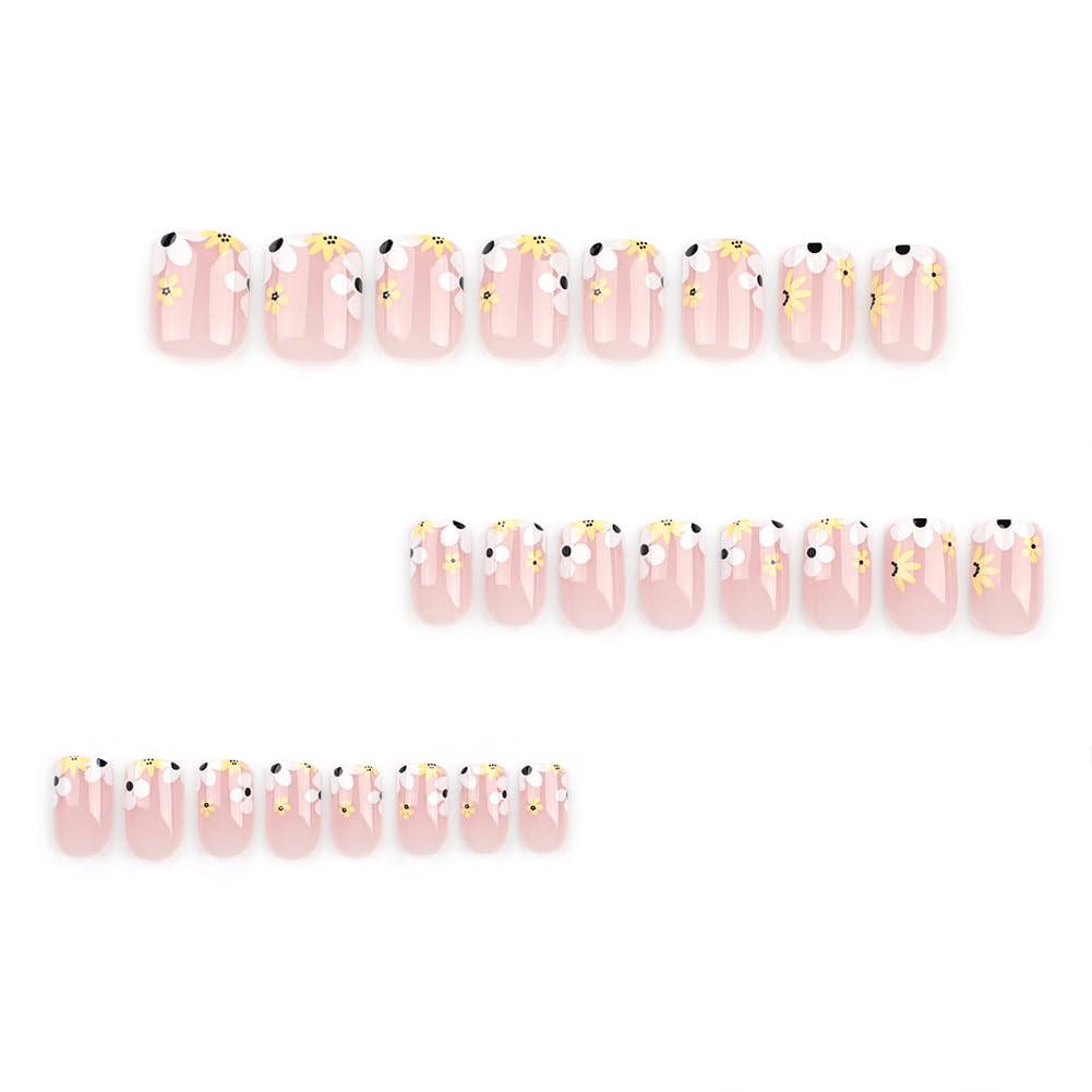 Press On Nails Short, Acrylic Nails Press on, Short Square Press on Nails Fake Nails Glossy False Nails with Flowers French Tip Nails Press ons Designs Artificial Nails Stick on Nails for Women 24Pcs