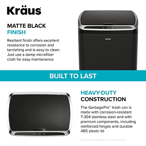 Kraus GarbagePro Rectangular 13 Gallon Hands-Free Motion Sensor Trash Can Battery Operated in Matte Black Finish with SoftShut Touchless Lid, KTCS-10MB