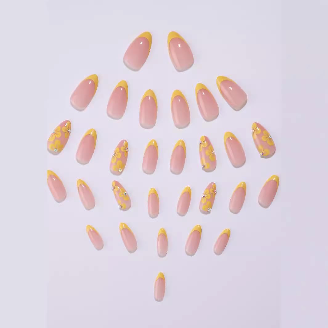 TOGZOM 30Pcs Almond Press on Nails Medium Yellow Flowers Fake Nails French Tips Nails Press ons Glossy Acrylic Nails with Rhinestone Glue on Nails Designs 15 Size for Women Manicure, Style10