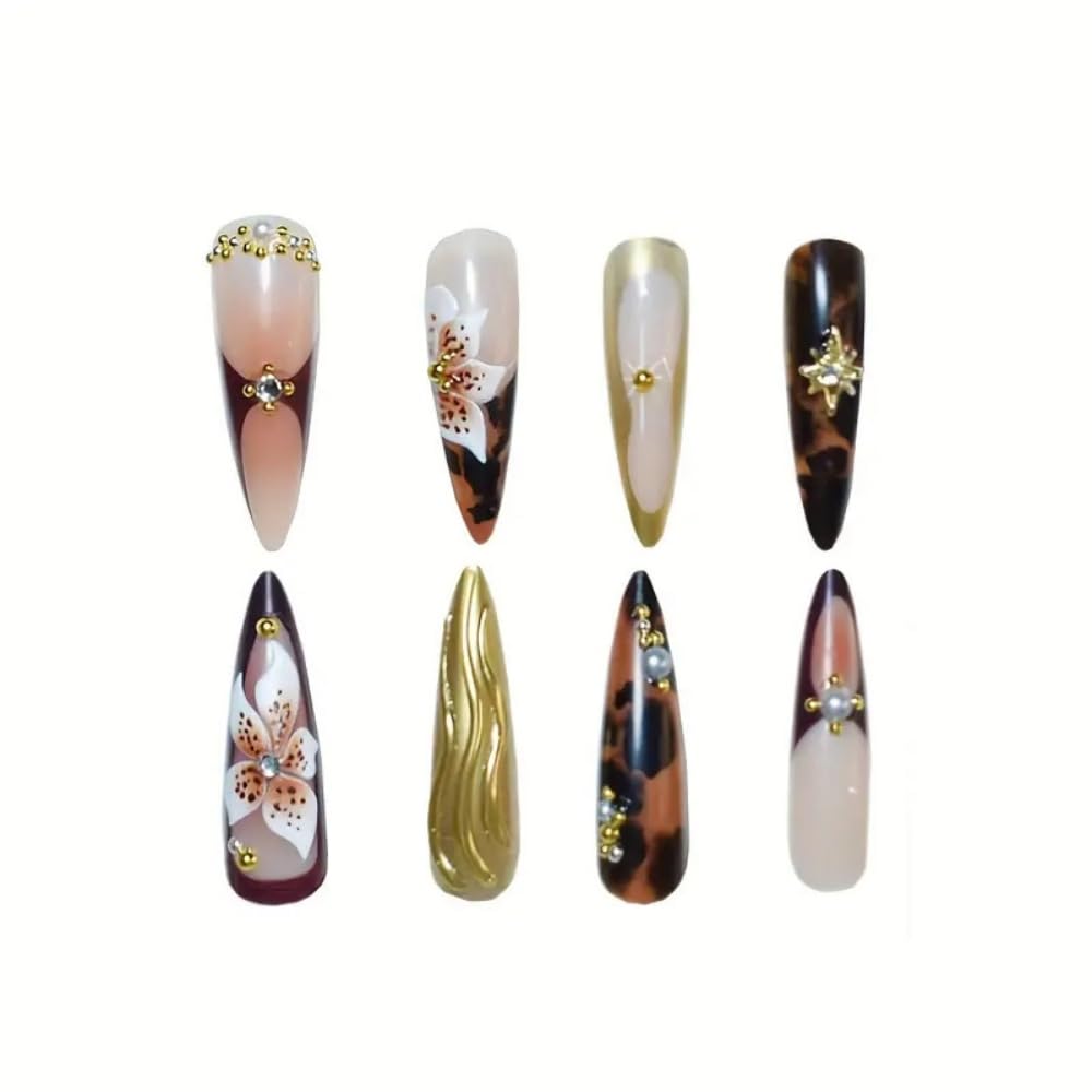 Almond Press on Nails Long Glue on Nail with 5D Rhinestones Flower Charm Design Tortoise Shell Acrylic Nails Glossy Gold Lines Curve Fake Nails Spring Summer Nail Press on for Women Manicure 24Pcs