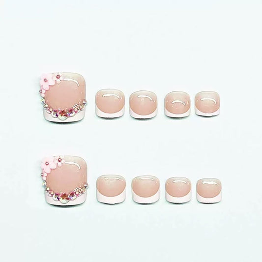 CTTHNBD Press on Toenails Square - White French Tip with Flower Design - Summer, Short Press on Toe Nails - for Women 24 Pcs
