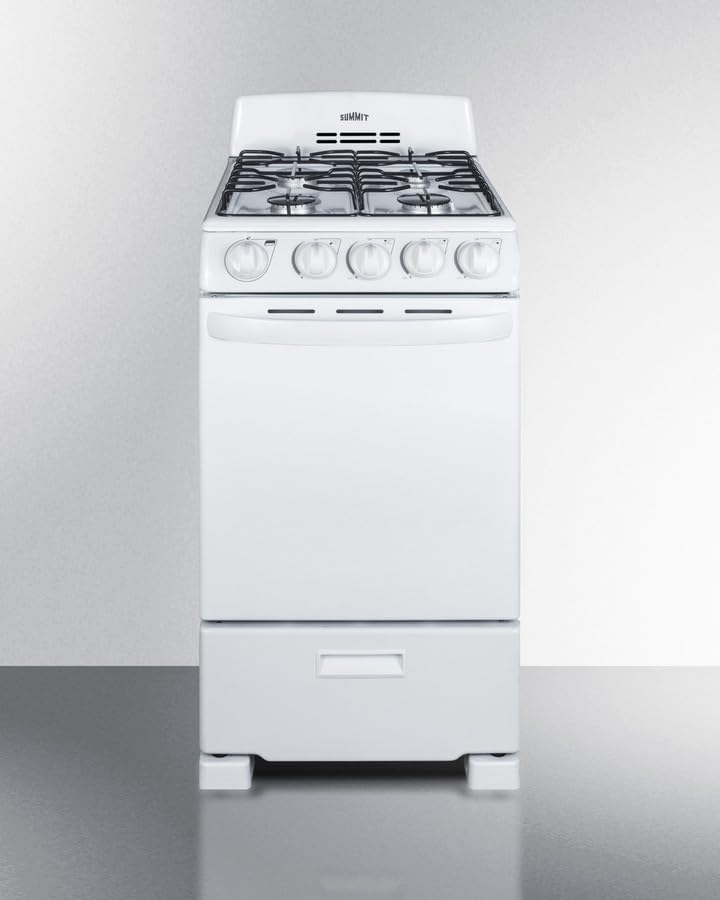 Summit 20” Inch Wide Gas Range, 4 Sealed Burners, 2.3 cu.ft. Oven (ADA Compliant) - RG200WS (White)