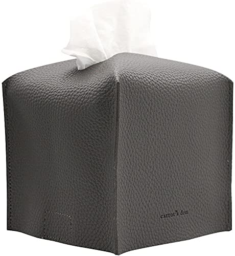 Tissue Box Cover Holder, Square with Bottom Belt by Carrot's Den - PU Leather Decorative Organizer for Tabletop, Bathroom, Car, Office | Beige