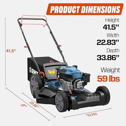 SENIX 21'' Self-Propelled Gas Lawn Mower, 170 cc 4-Cycle Engine 3.8 HP, 3-in-1 (Bagging/Mulching/Side Discharge), 6-Position Cutting Height Adjustment, 1.7 Bushels Grass Bag