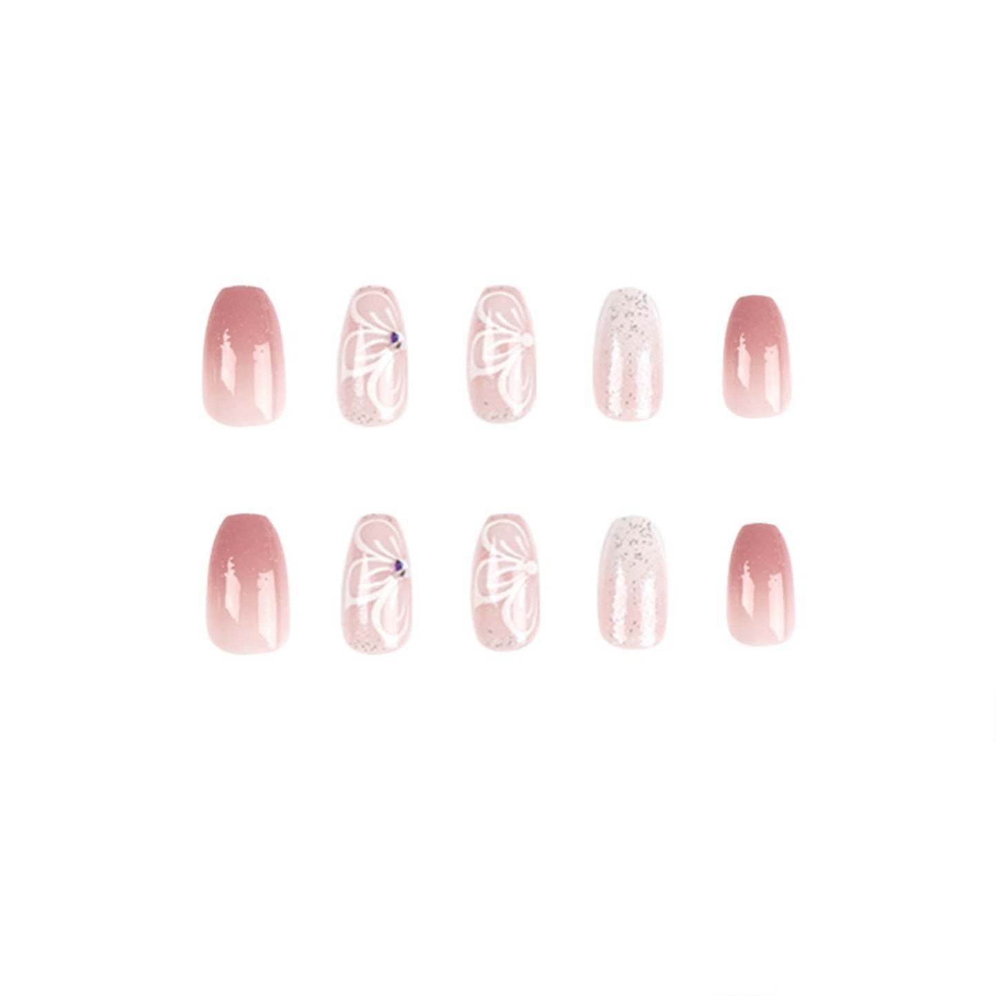Pink Fake Nails Short Press on Nails Coffin False Nails with White Floral Designs Pink Full Cover Stick on Acrylic Nails Glitter Glossy Glue on Nails for Women