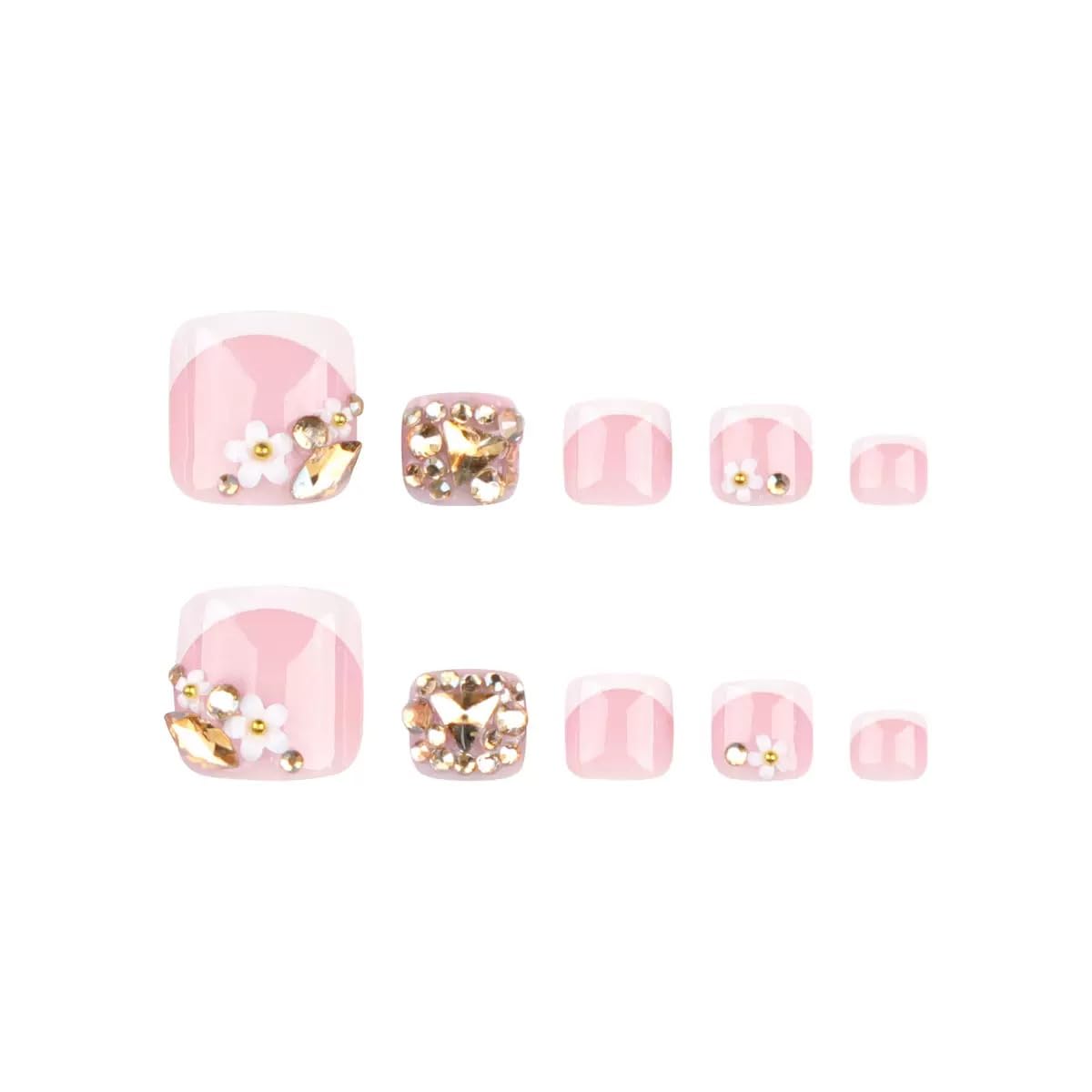 CTTHNBD Press on Toenails - White French Tip Fake Toenails with Flower Charms Design - Short Square Press on Toe Nails - for Women 24 Pcs