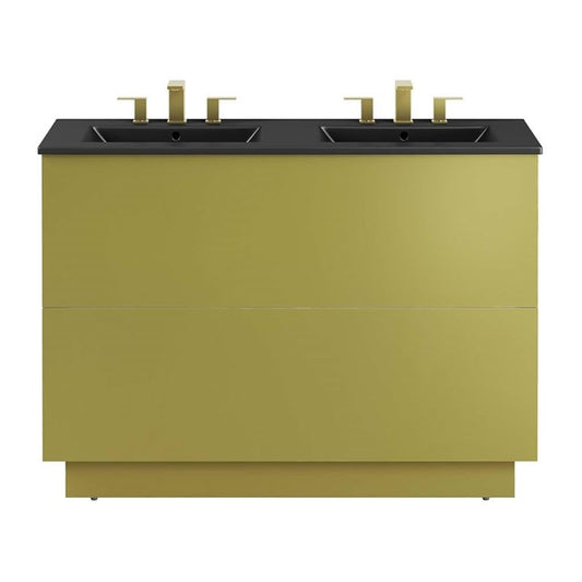 Modway Quantum Modern 48" Double Sink Bathroom Vanity in Black Gold with Ceramic Sink Basin and Storage Drawer