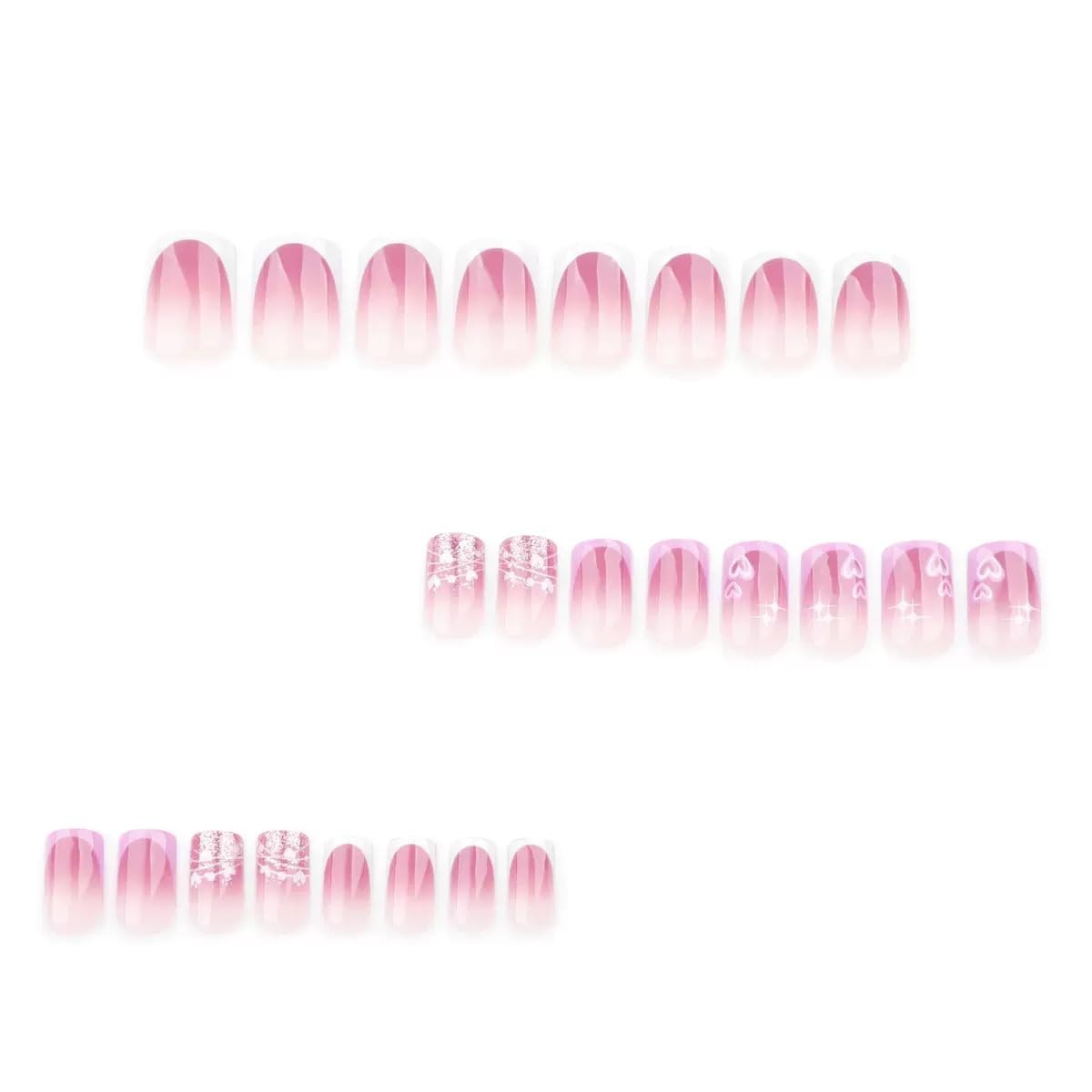 CTTHNBD Press on Nails Short Square Acrylic False Nails French Tip Heart Design Glitter Glossy Full Cover Stick on Nails 24Pcs