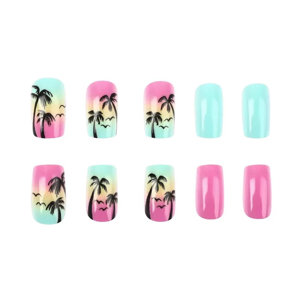 CTTHNBD Press on Nails Short - Square Fake Nails with Coconut Tree Design - Pink Blue False Nails Press ons - for Women Summer Manicure 24 Pcs