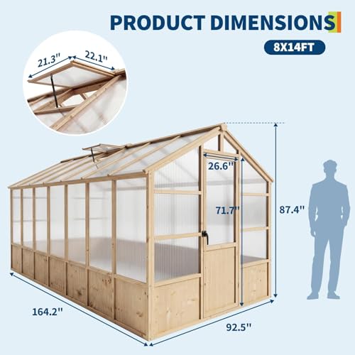 8X14 ft Outdoor Wooden Greenhouse with Lockable Door, Adjustable Roof Vent & Polycarbonate Panels, UV Protection, Large Cedar Wood Walk-in Green House for Garden, Backyard, Patio, Lawn, Light Brown