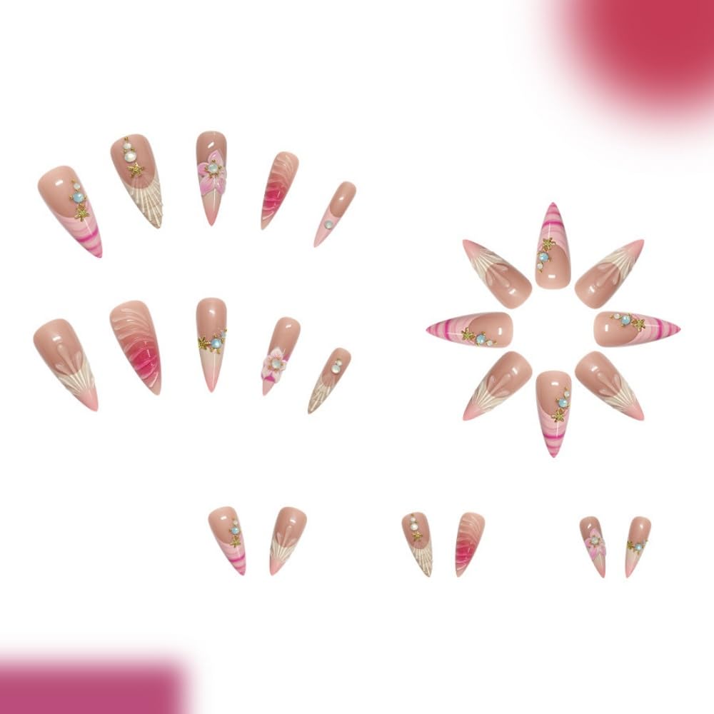Almond Press on Nails Long Glue on Nail with 5D Rhinestones Flower Design Glossy Waterdrop Shell Acrylic Nails Reusable Ombre French Tips Fake Nails Stiletto Gold Star Nail for Women Manicure 24Pcs