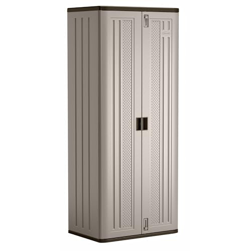 Suncast Tall Storage Cabinet, Platinum Resin Garage Storage Cabinet with Doors & Shelves, Lockable, Freestanding Utility Closet for Tools & Supplies, Made in USA