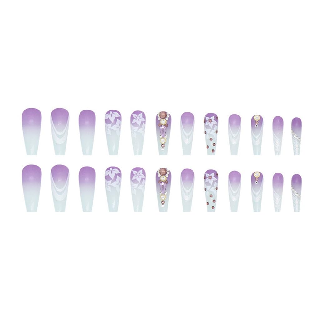 CTTHNBD Press-On Coffin Purple Ombre False Nails with Flower Design - Glue-On Ballerina Acrylic Rhinestone Full Cover Stick-On Artificial Nails - 24Pcs