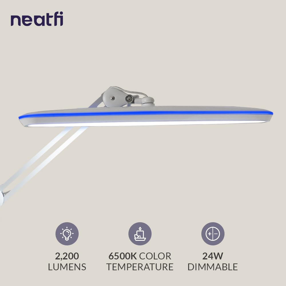 Neatfi XL 2,200 Lumens 24W LED Desk Lamp – 23” Wide Shade | Dimmable Eye-Caring Task Light | Adjustable Arm | Home Office, Study, Crafts & Nail Tech (Non-CCT with Clamp, White)