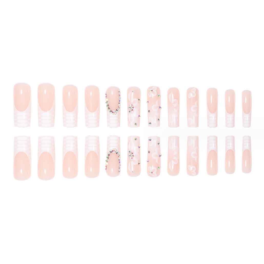 Foccna White Press on Nails Artificail Extra Long, French Square Fake Nails Crystal Flowers Nails Acrylic Full Cover Long Fake Nails with Design Nail Tips for Women&Girls,24PCS