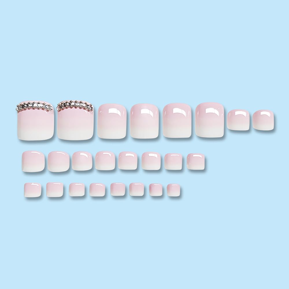 Nude Ombre Press on Toenails Glossy Fake Toe Nails Rhinestone Glue on Toenails Gradient Pink White Acrylic Toe Fake Nails Natural False Toenails Full Cover Stick on Nails for Women Manicure 24pcs