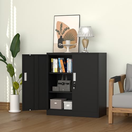 JINKUR Metal Storage Cabinet with Locking Doors and 2 Adjustable Shelves, Small Lockable Steel Storage Cabinets for Home Office Garage Kitchen Pantry (Black)
