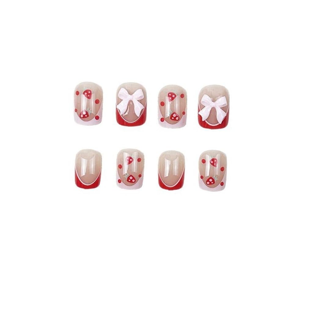 CTTHNBD Press on Nails Short - Square Fake Nails with Strawberry Design - Red French Tip False Nails Press ons - for Women 24 Pcs