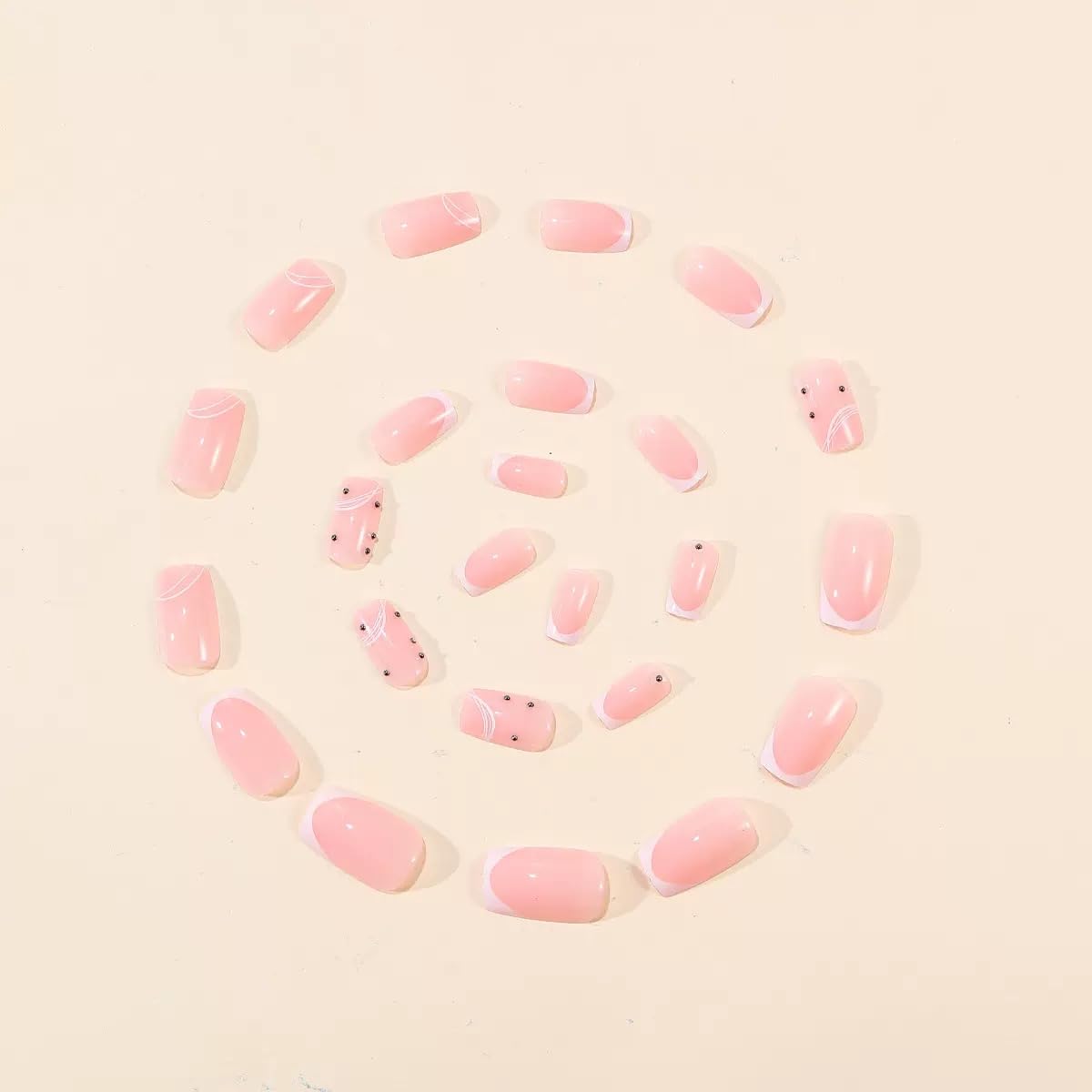 CTTHNBD Short Press on Nails Square - White French Tip Fake Nails with Stripes Design - Glossy Full Cover Stick on False Nails for Women 24 Pcs