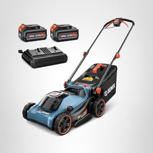 SENIX 40V 17" Electric Lawn Mower, Battery Powered Cordless Lawnmower, 2-in-1 Brushless Walk-Behind Push Mowers, 6 Heights Adjustment, cortadora de pasto, Includes 2x5Ah Batteries & Charger, LPPX2-M5