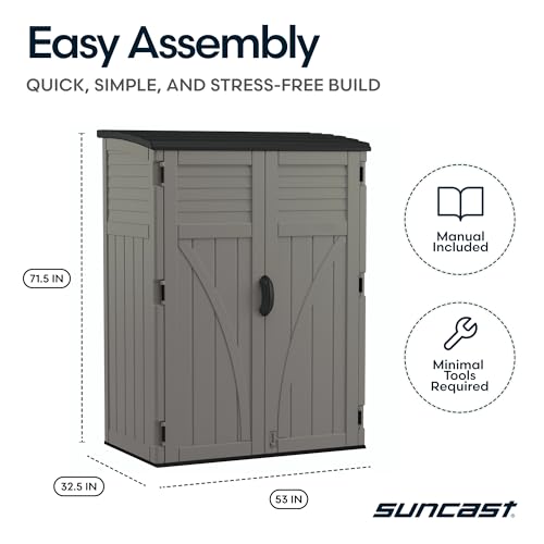 Suncast Outdoor Storage Cabinet Waterproof Resin Vertical Outdoor Storage Shed (54 cu. ft.) for Patio, Garden Tools, Cushions, & Equipment. Weatherproof Plastic Multi-Wall Design, Capacity Made in USA