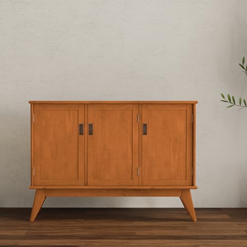 SIMPLIHOME Draper Buffet - 50 inch Wide Solid Hardwood 3-Door Sideboard Buffet in Teak Brown, Mid-Century Modern Cabinet for Dining Room or Kitchen with Adjustable Shelves and Tapered Legs