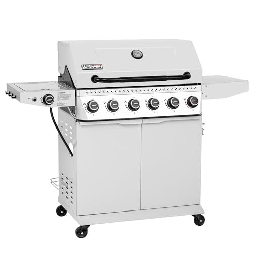 Royal Gourmet GA6406W 6 Burner Propane Gas Grill with Foldable Right-Side Table, 74,000 BTUs, Cabinet Style Gas BBQ Grill with Side Burner for Barbecue Grilling & Backyard Cooking, White
