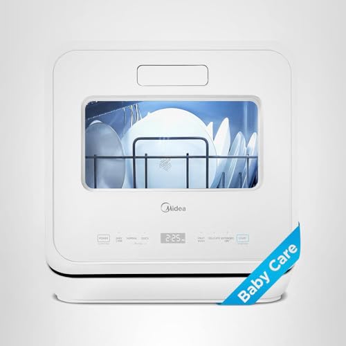 Midea MDC17P4CWW Portable Countertop Mini 1.32Gal Built-in Water Tank, Baby Care, No Hookup Needed, 360° Dual Spray,High-Temp wash, Dishwasher for Apartments& RVs, White, Whole