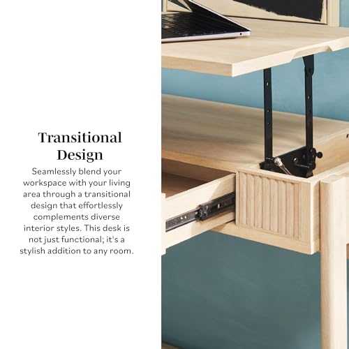 WALKER EDISON Transitional Style Furniture, Reeded Detail, Lift-Top Desk with Drawer and Storage Cubby, Sitting to Standing Desk, Soft Self-Close Desktop, 38”W x 16.75”D x 30”H, Coastal Oak