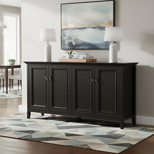 SIMPLIHOME Amherst Storage Cabinet - 66 inch Wide Solid Wood 4-Shelf Sideboard Cabinet in Hickory Brown, Transitional Buffet for Living Room or Dining Room with 4 Doors and Adjustable Shelves