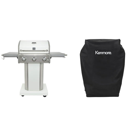 Kenmore 3-Burner 30,000 BTU Outdoor Propane Gas Grill with Folding Sides, 512 in2 Cooking Surface, Cast Iron Grates, Built-In Thermometer and Kenmore 33 in Grill Cover