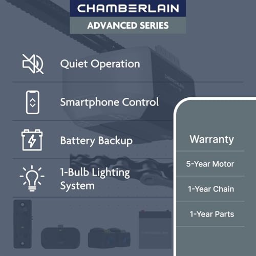 Chamberlain 1/2 HP Chain Drive Smart Garage Door Opener with Battery Backup, 1-Bulb Lighting, and myQ Connectivity