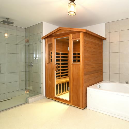 Kanlanth Outdoor Sauna 4 Person Low EMF Far Infrared Sauna for Home, 2050W Mahogany Wooden Sauna Room for Outdoor Indoor Home, with Blue-Tooth, LCD, LED