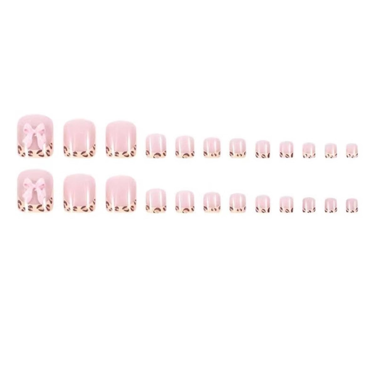 Leopard Print French Tip Press on Toenails Short Square Fake Toenails Summer False Toe Nails Glossy Acrylic Toenail with Cute 3D Pink Bow Design Full Cover Stick on Toe Nail for Women Manicure 24pcs