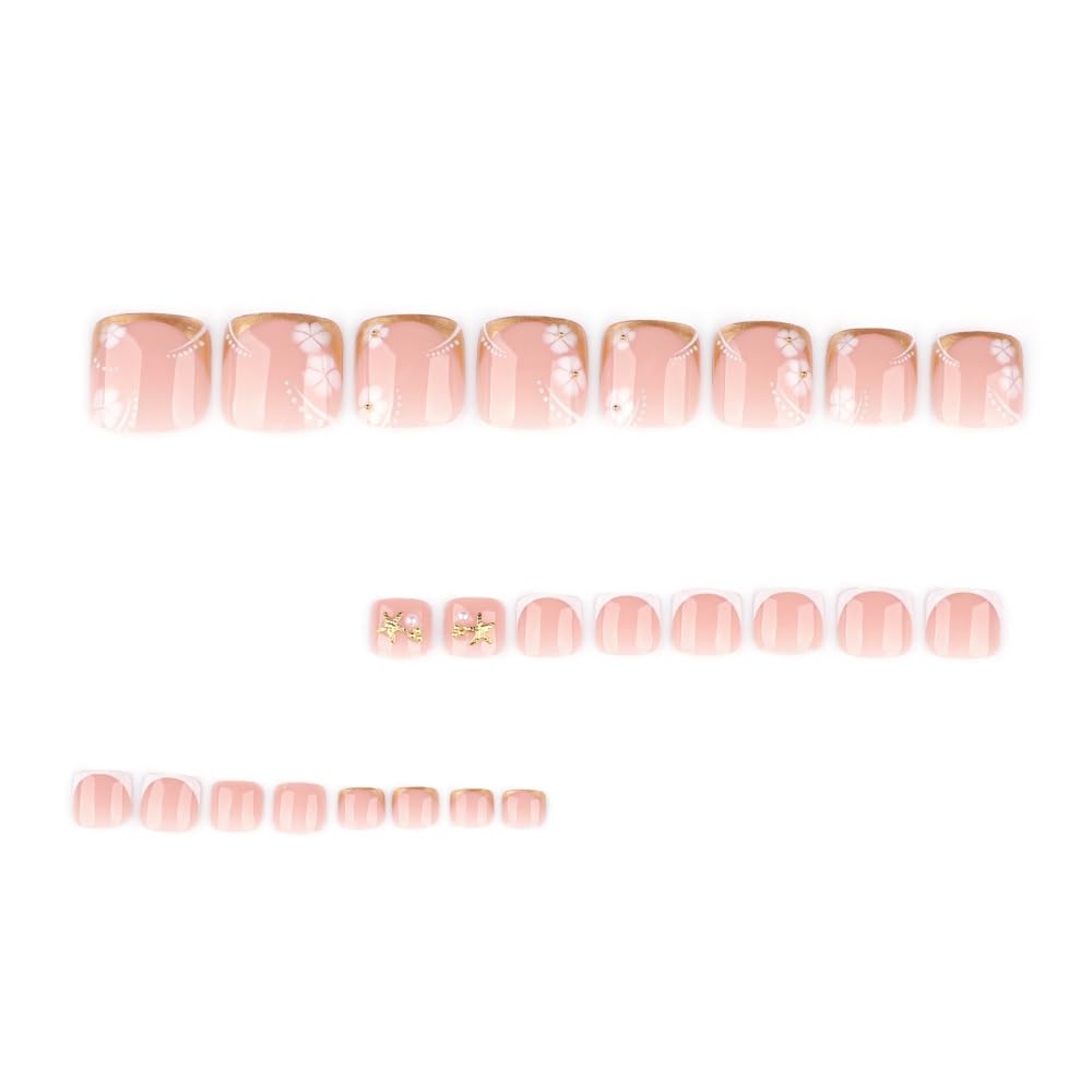 Press on Toenails Gold Fake Toenails French Tip False Toe nails Press ons with Design Floral 3D Starfish Glue on Toe Nail Acrylic Stick on Toenail for Women 24Pcs