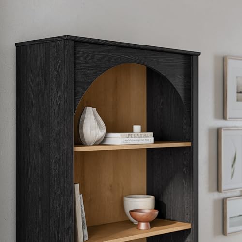Prepac Ark 78" Tall 5-Tier Arched Bookcase, Black Oak with Oak Finish Interior, Modern Storage Accent Bookshelf with 3 Adjustable Shelves for Home, Office, Living Room, Bedroom
