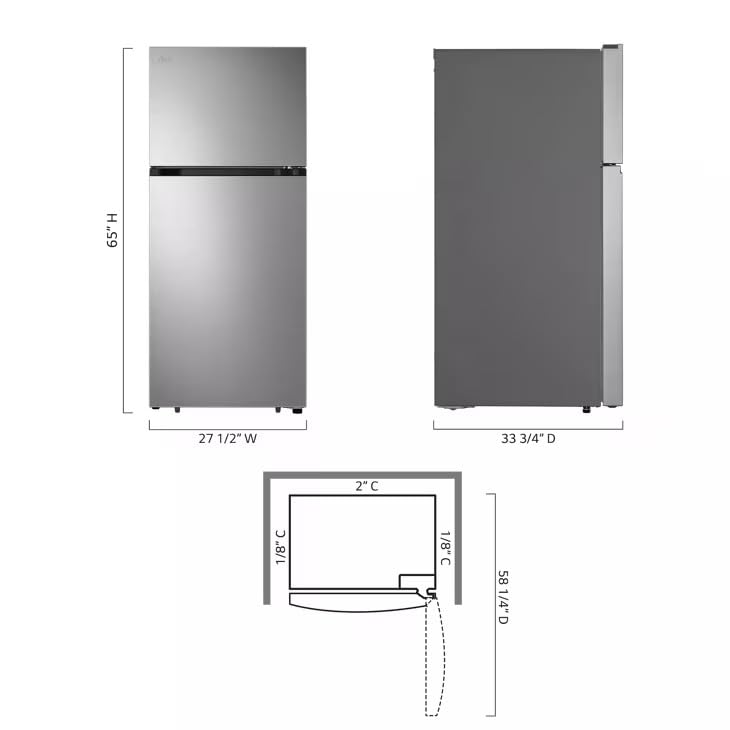 LG 28-Inch Freestanding Top-Freezer Refrigerator with 18 cu ft Capacity, 2 Glass Shelves, Gallon Door Bins, Multi-Air Flow System, Garage-Ready, Ice Maker Ready