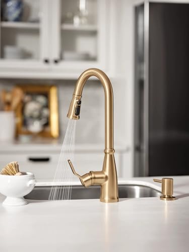 Moen Nolia Brushed Gold Kitchen Faucet with Soap Dispenser, Pull Down Sprayer with Power Boost, Transitional High Arc Kitchen Faucet, One-Handle Easy Installation, 87071BZG