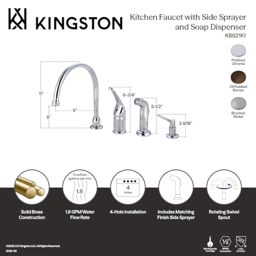 Kingston Brass KB828K8 Chatham single Lever Handle Kitchen Faucet with Sprayer & Soap Dispenser, Brushed Nickel, 9" Spout Reach