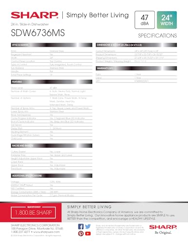 Sharp SDW6736MS 24-inch Stainless Steel Dishwasher, Third Rack, Library Quiet 47 dB, Power Wash Sprayer
