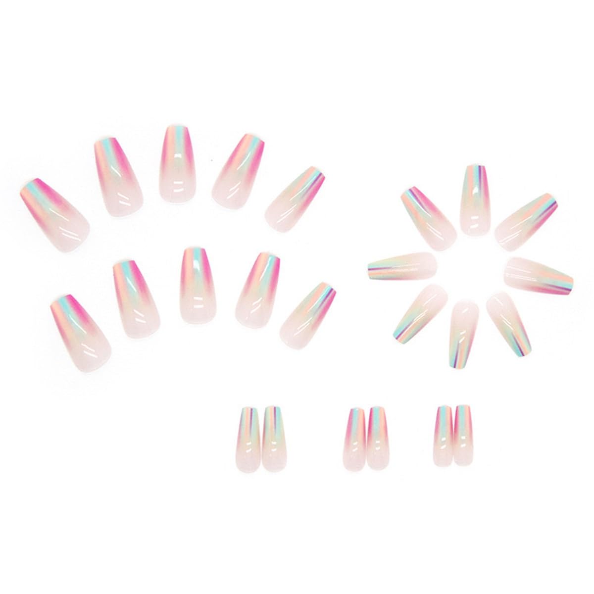 Press On Nails Coffin Medium Aurora Rainbow Glossy Full Cover Glue on Nails with Designs Colorful Chrome Artificial Acrylic Nails Kit for Women Manicure 24Pcs